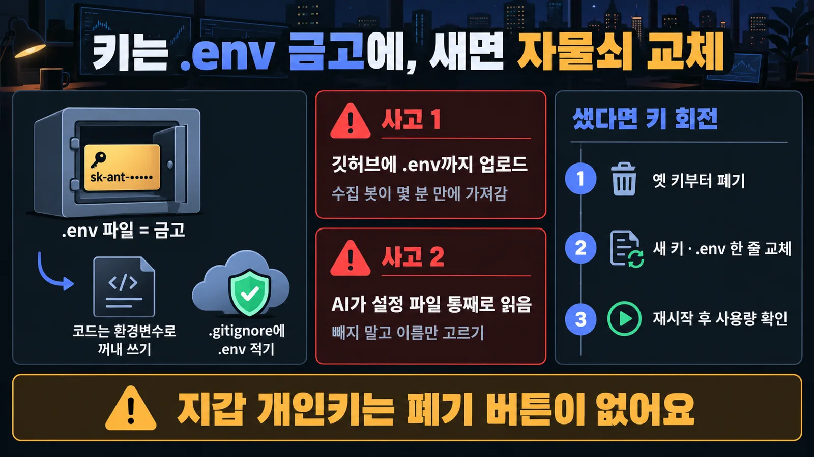 키는 .env 금고에, 새면 자물쇠 교체