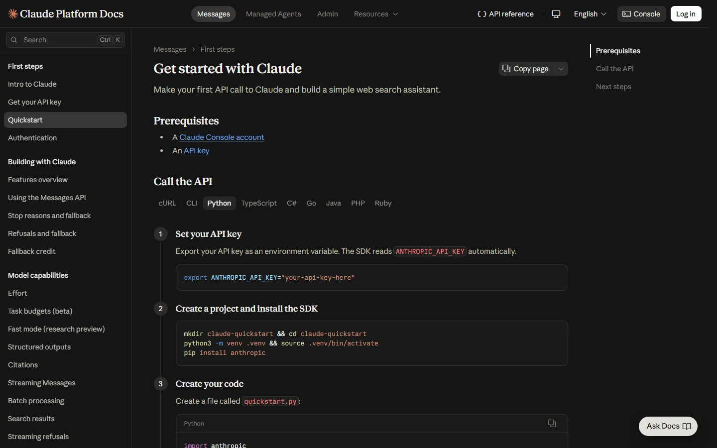 Claude 공식 문서 Quickstart 화면