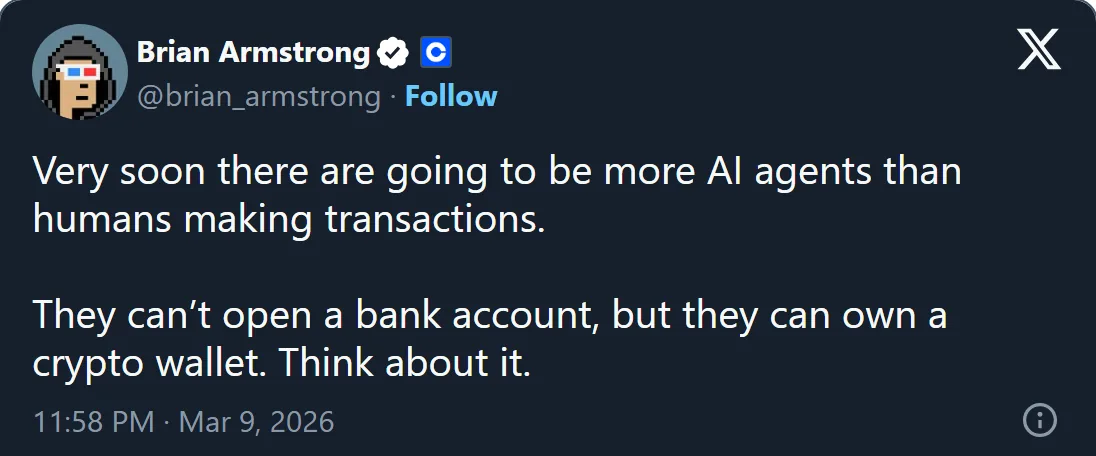 브라이언 암스트롱 X 포스트: AI 에이전트와 크립토 지갑